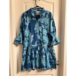 Modaposa Blue Scroll Print Cotton Shirt Dress Tassel Pom Pom Ruffle Womens M